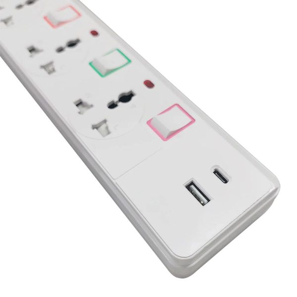 E-train (PS074) Power Strip 16A 3 Output Plugs + 1 USB + 1 Type-C 2.4A - 1.5M With On-Off Switch - White - Image 2