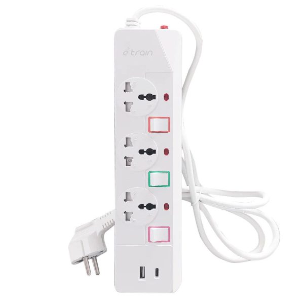 E-train (PS074) Power Strip 16A 3 Output Plugs + 1 USB + 1 Type-C 2.4A - 1.5M With On-Off Switch - White - Image 3
