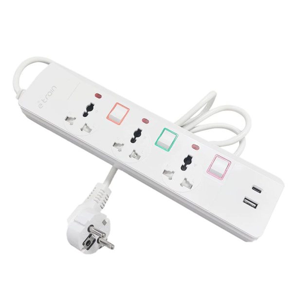 E-train (PS074) Power Strip 16A 3 Output Plugs + 1 USB + 1 Type-C 2.4A - 1.5M With On-Off Switch - White - Image 4