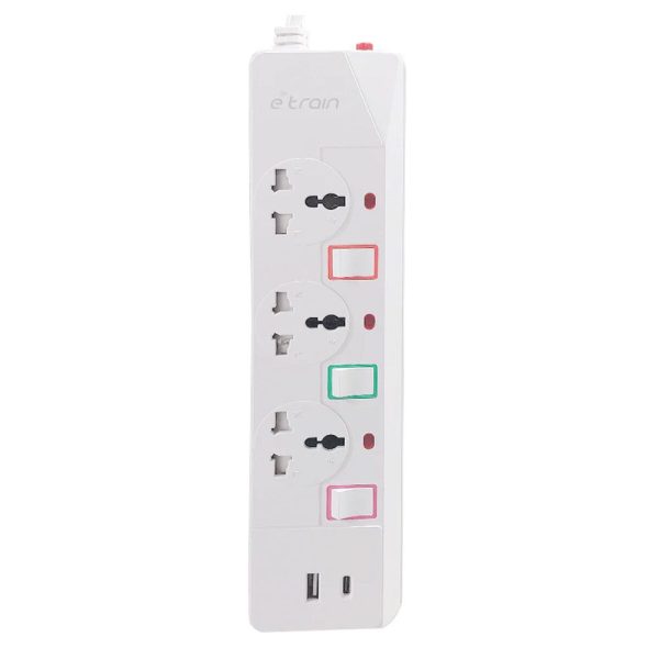E-train (PS074) Power Strip 16A 3 Output Plugs + 1 USB + 1 Type-C 2.4A - 1.5M With On-Off Switch - White